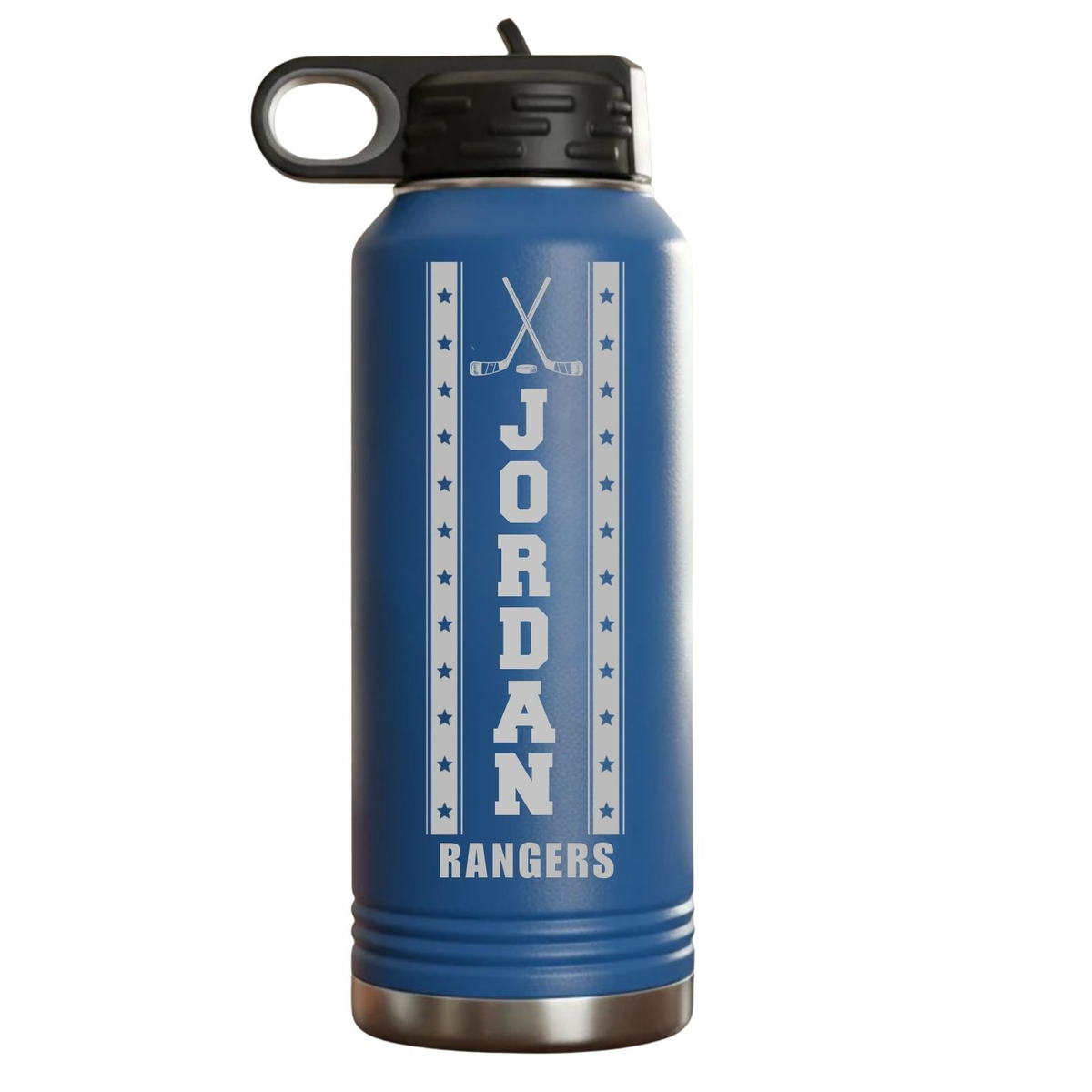 Blue personalized hockey player water bottle engraved with sample name JORDAN and team name RANGERS in a crossed hockey sticks star-banner design