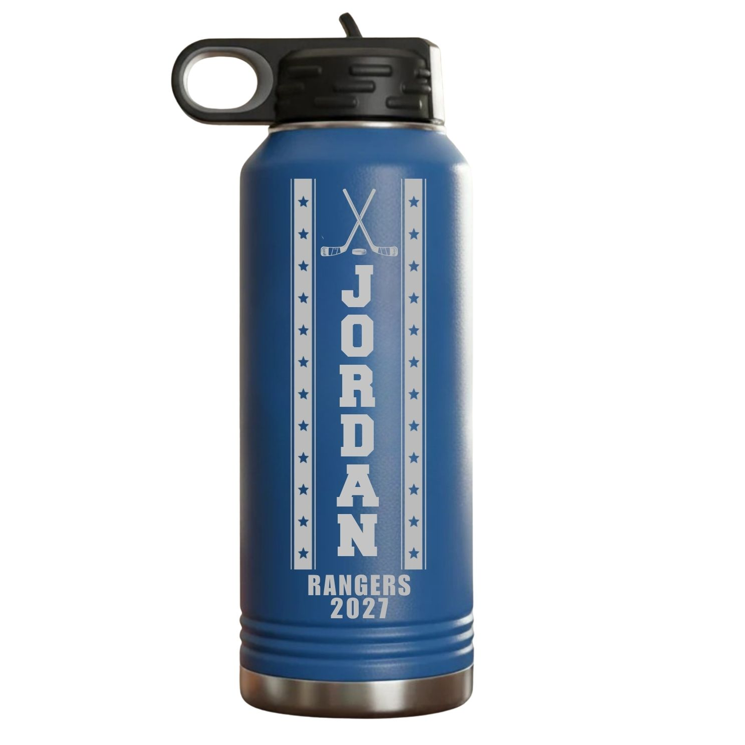 Blue personalized hockey coach water bottle engraved with sample name JORDAN, team name RANGERS and 2027 in a crossed hockey sticks star-banner design