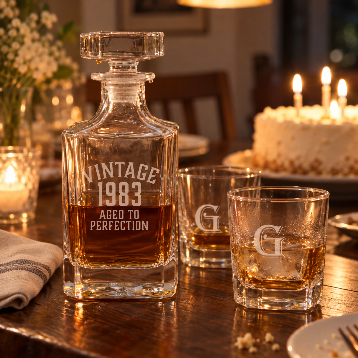 Vintage Birthday Decanter Set on a dining table at a birthday dinner: decanter engraved VINTAGE 1983 AGED TO PERFECTION beside two G glasses