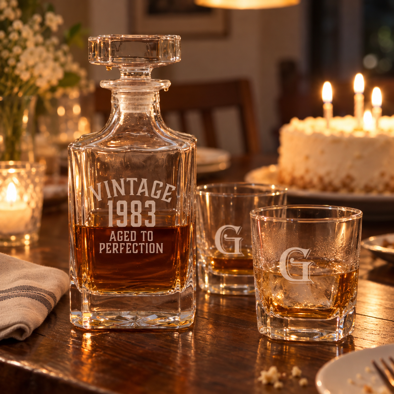 Vintage Birthday Decanter Set on a dining table at a birthday dinner: decanter engraved VINTAGE 1983 AGED TO PERFECTION beside two G glasses