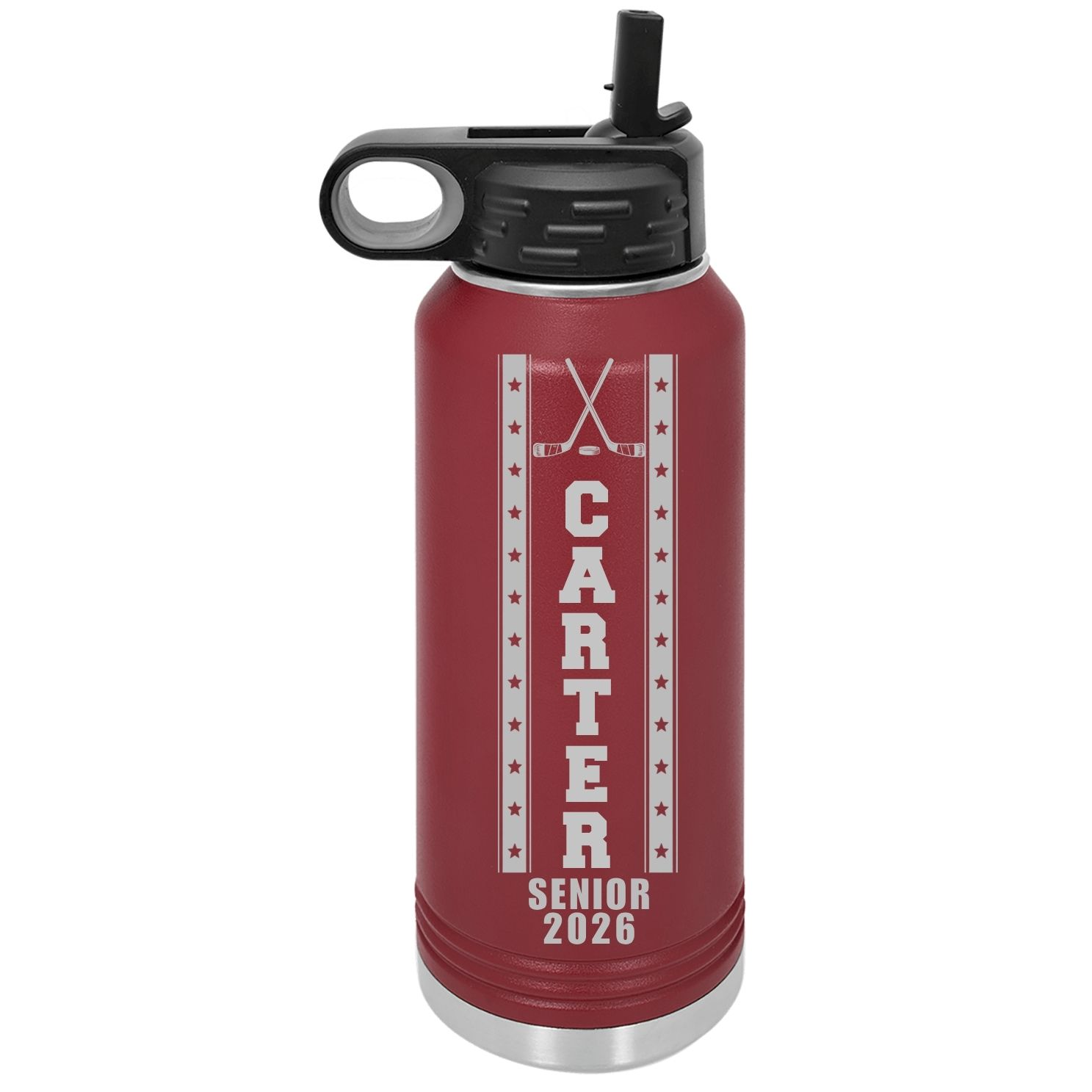 Maroon senior night hockey gift water bottle, laser engraved with sample name CARTER and SENIOR 2026 under crossed hockey sticks and a puck
