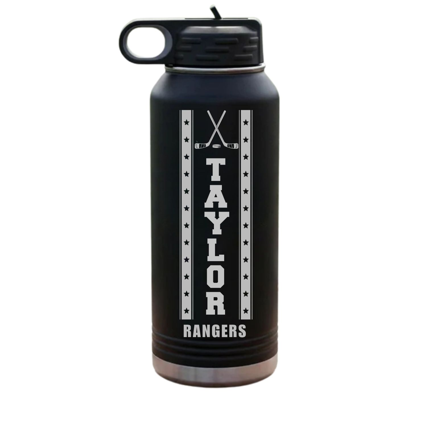 Black 32oz senior night hockey water bottle engraved with sample name TAYLOR and team name RANGERS, insulated stainless steel keepsake