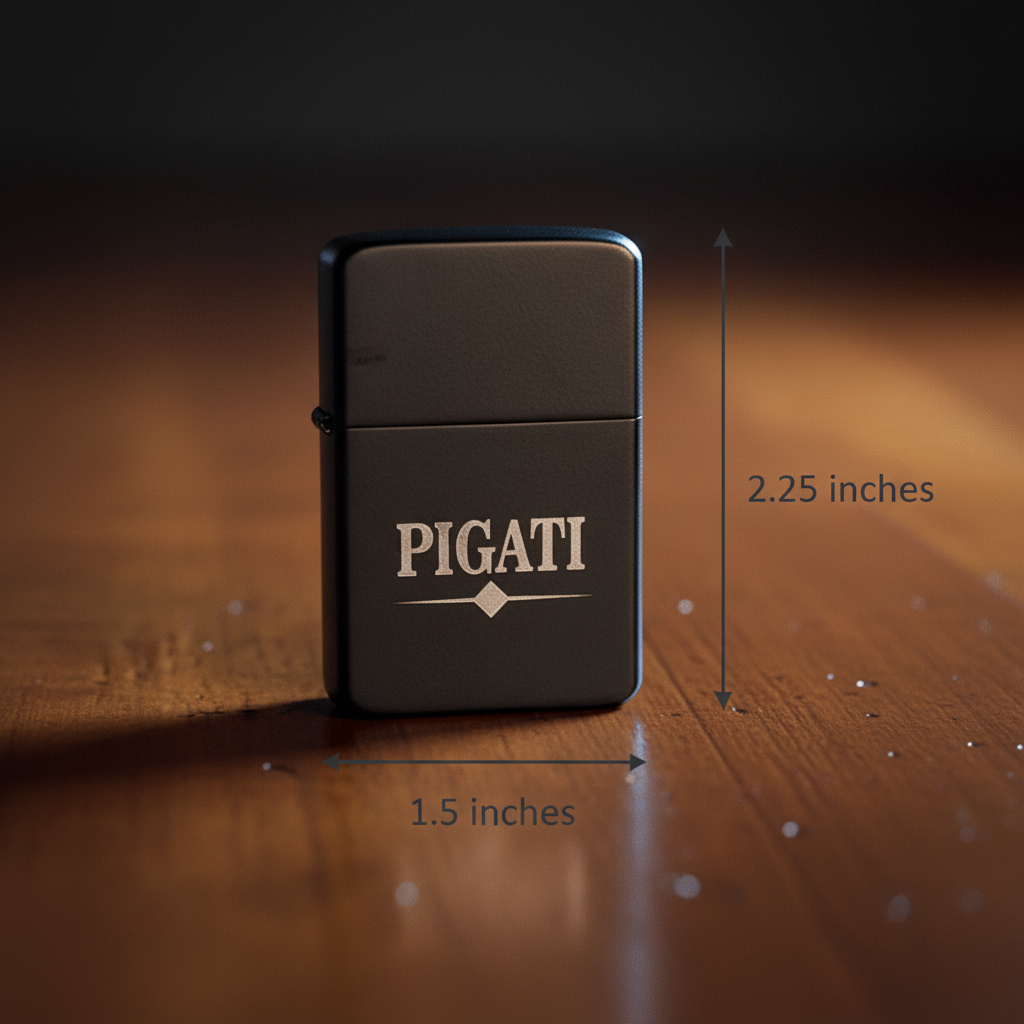 Black matte flip lighter engraved with sample "PIGATI" logo and diamond accent, displayed with dimensions 1.5 by 2.25 inches