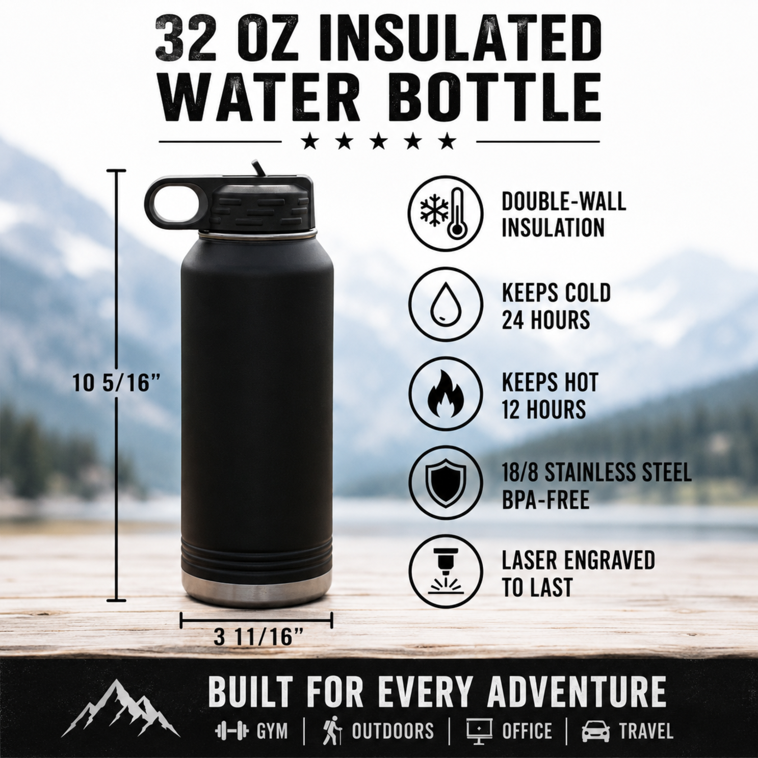 32oz insulated senior night hockey water bottle features and dimensions, 10 5/16 inches tall, keeps cold 24 hours, laser engraved to last
