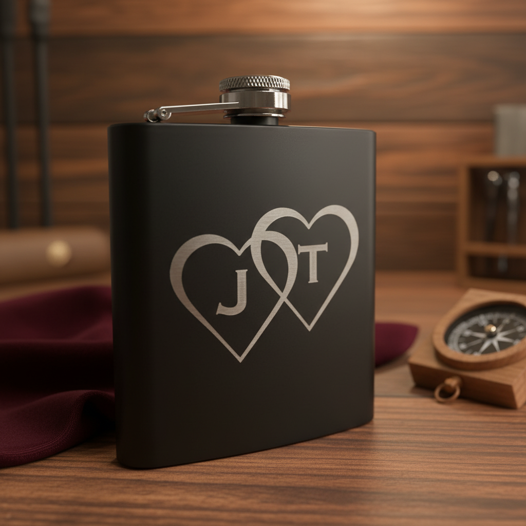 Matte black flask with stainless steel cap, laser-engraved with sample initials "J" and "T" inside interlocking heart design