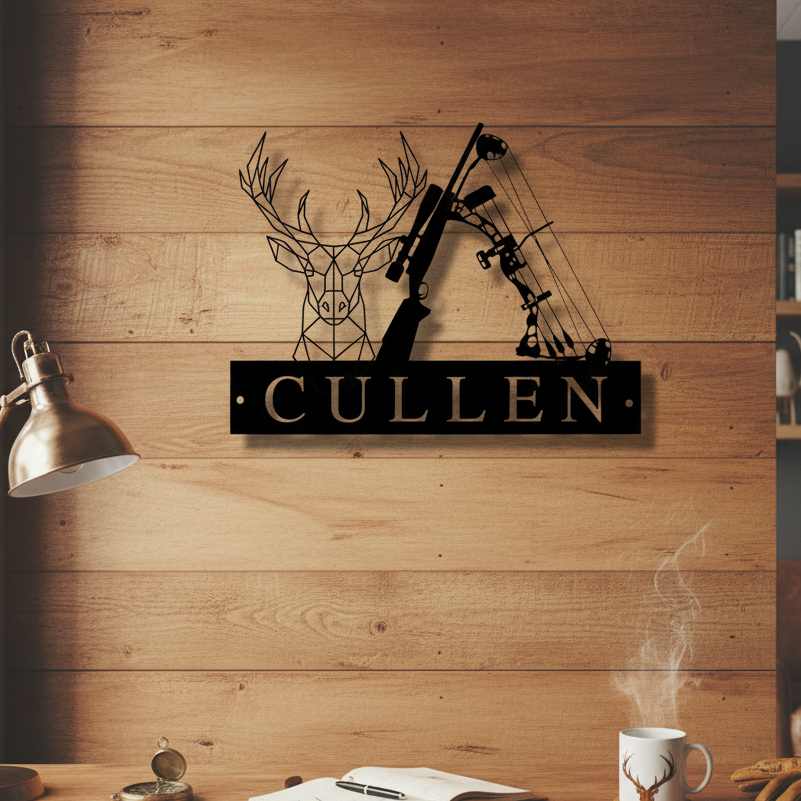 Metal hunting sign mounted on wood wall featuring geometric deer head and compound bow design with sample nameplate "CULLEN" in gold lettering