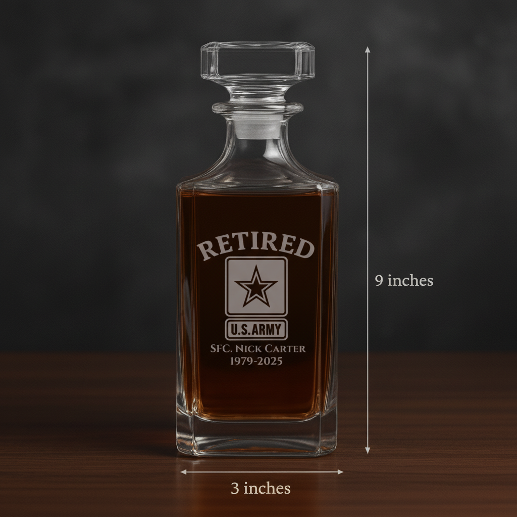 Crystal whiskey decanter laser-engraved with "RETIRED U.S. ARMY" star logo and sample personalization "SFC. NICK CARTER 1979-2025", shown with dimensions of 9 inches tall by 3 inches wide