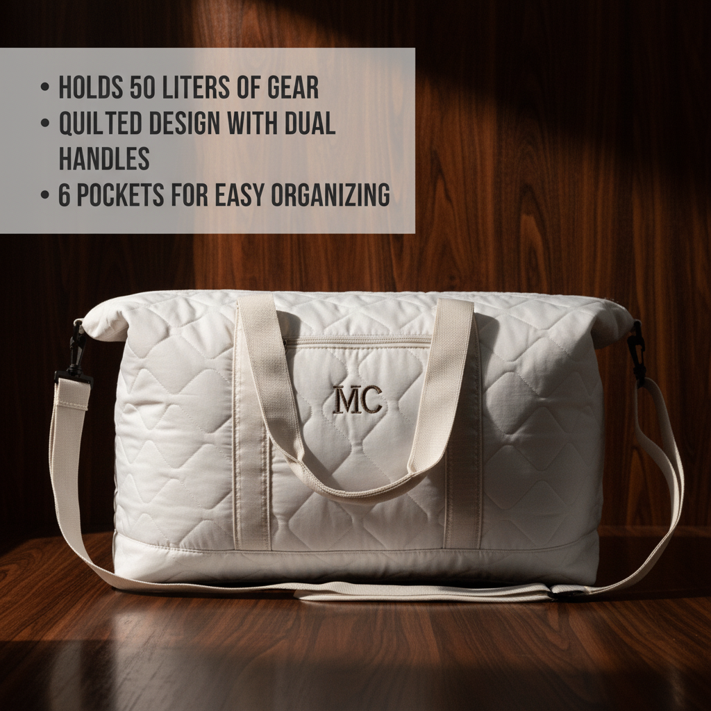 White quilted duffle bag with sample monogram "MC" embroidered on front, dual canvas handles, and adjustable shoulder strap on wooden background