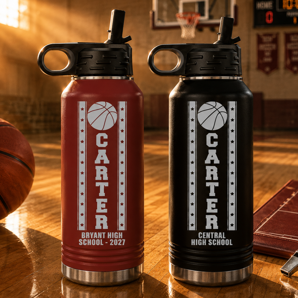 Two insulated water bottles with flip-top handles on a basketball court, one red and one black, each with sample engraving showing a basketball logo and school name with graduation year.