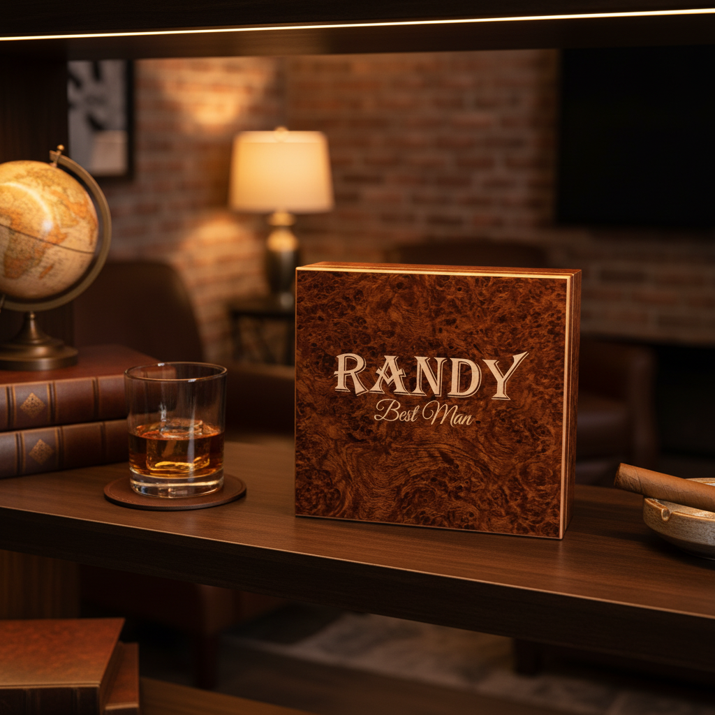 Personalized burl wood humidor with sample engraving "RANDY" and "Best Man" displayed on desk with whiskey glass, books, and globe in styled study setting