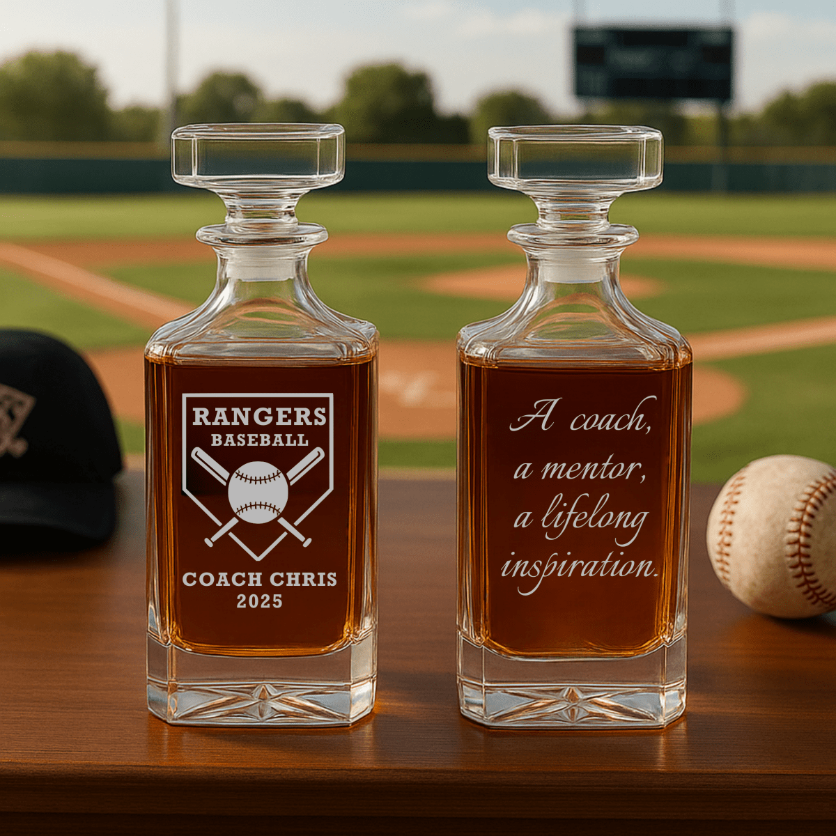 The Grand Slam personalized baseball decanter with deep-etched team name, coach name, and year