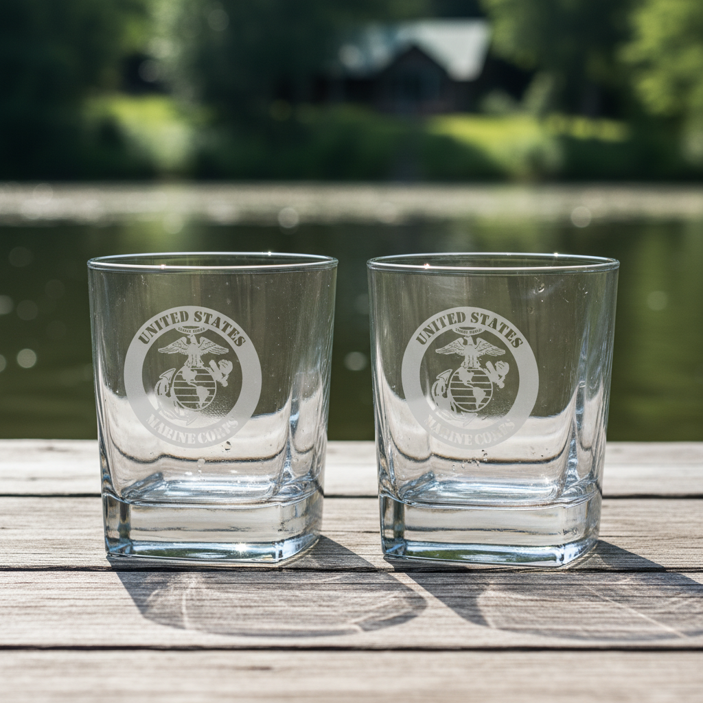 Pair of rocks glasses engraved with United States Marine Corps emblem, displayed outdoors on wooden deck with water and trees in background