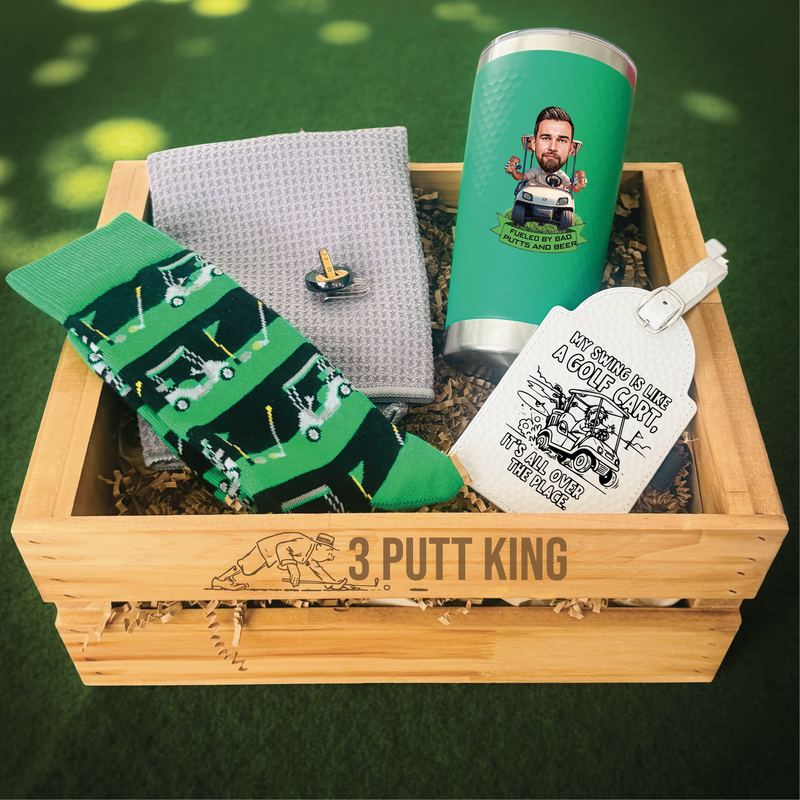 custom golf gift set for men with personalized accessories in wooden crate