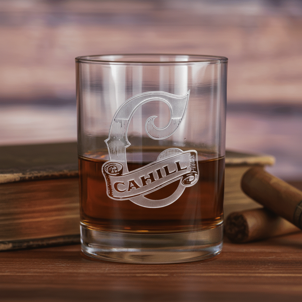 Banner Script personalized bourbon glass with a sand-carved script monogram above an engraved name banner on a home bar countertop with warm lighting