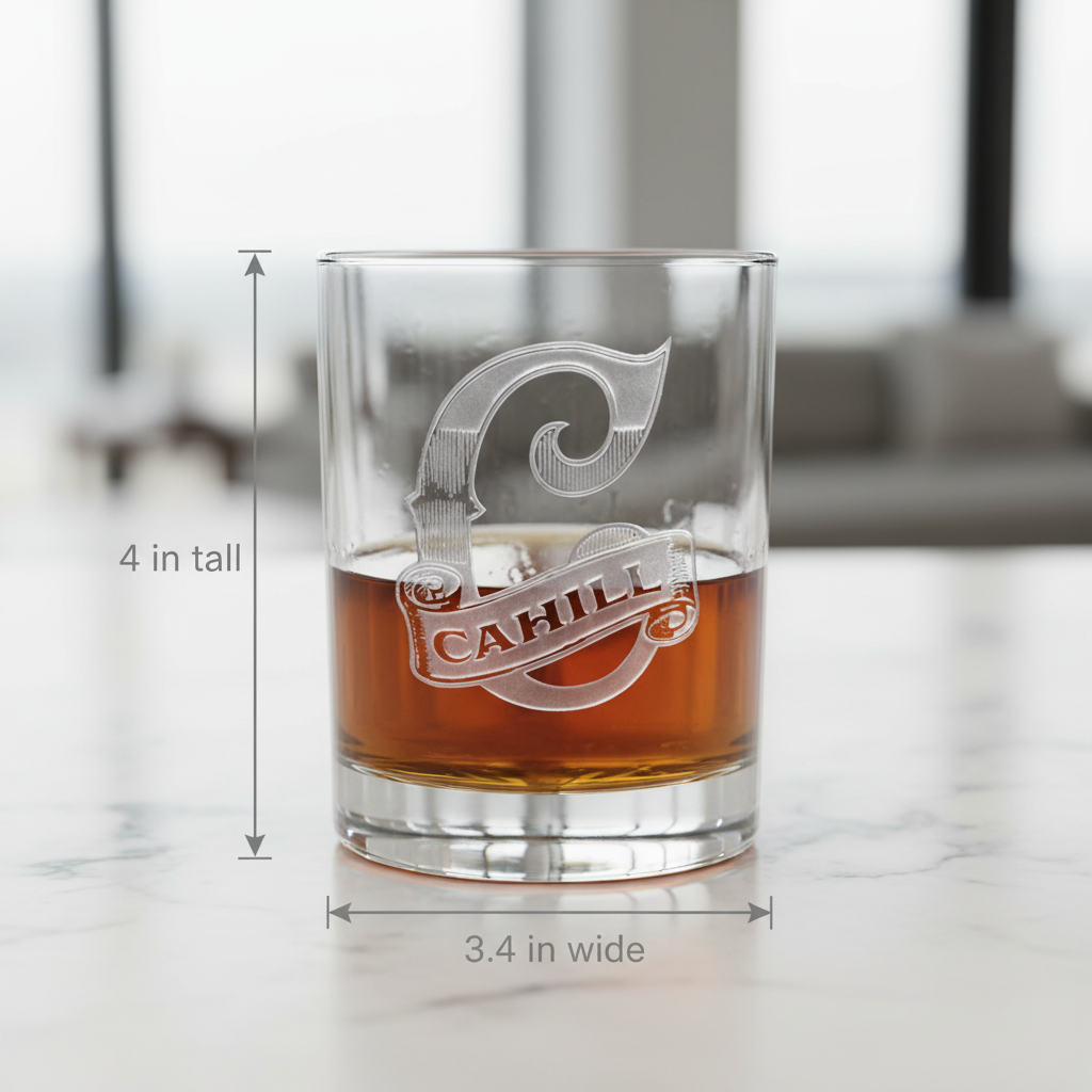 Banner Script personalized bourbon glass with a sand-carved script monogram above an engraved name banner dimensions: 4 inches tall by 3.4 inches wide