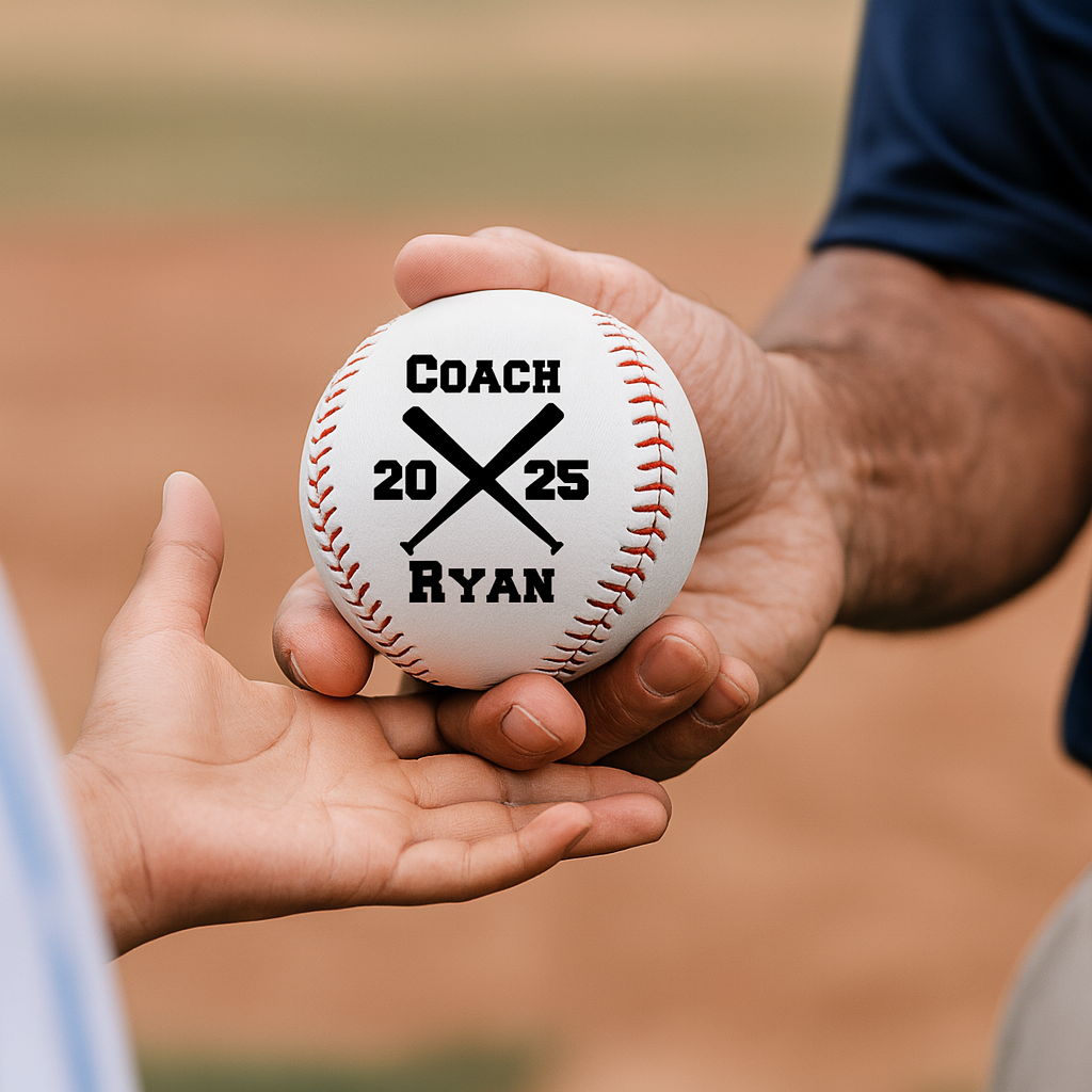 Personalized baseball coach gift held in hand, crossed-bats design engraved with sample coach name Ryan and season year on white leather with red stitching.