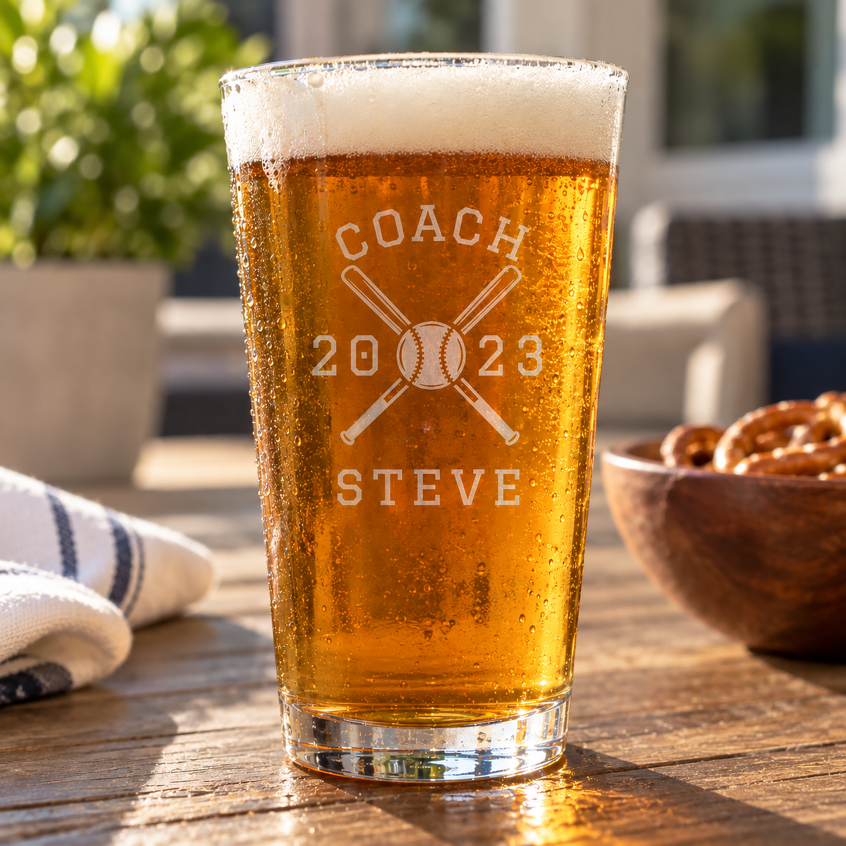 Baseball Coach Roster Pint Glass front engraved COACH with crossed bats around a baseball, the season year 2023 and the coach name STEVE