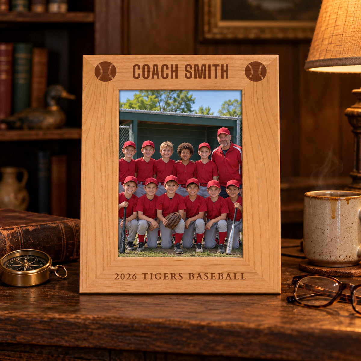 Baseball coach picture frame engraved Coach Smith with baseballs and 2026 Tigers Baseball, holding a youth baseball team photo on a wood desk