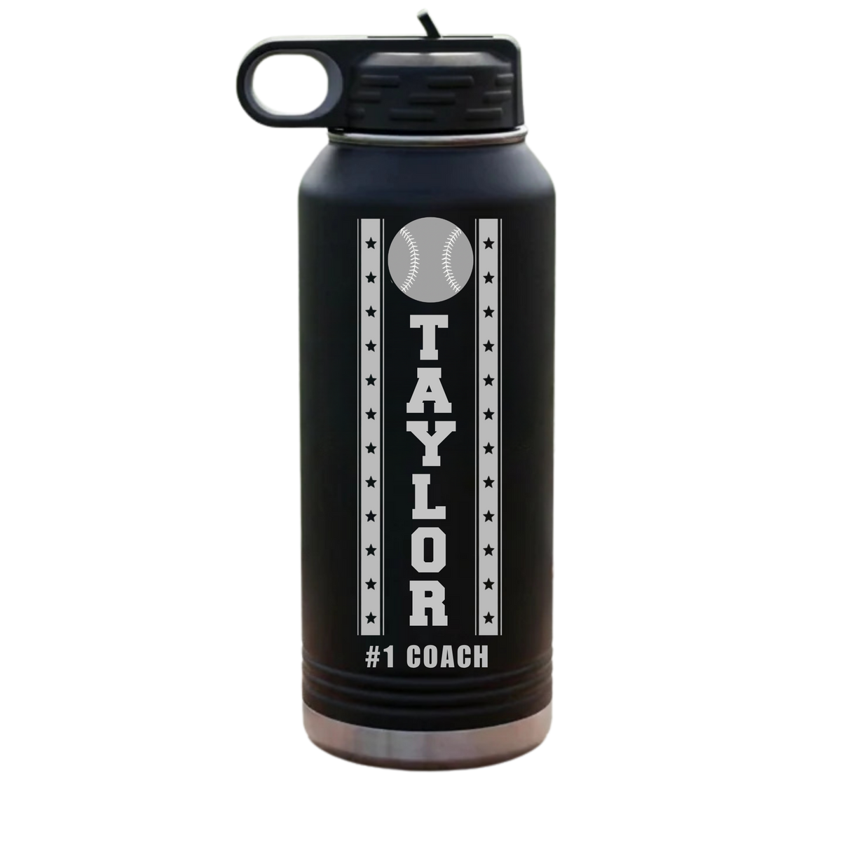 Personalized baseball coach water bottle in black, laser engraved with sample name TAYLOR and #1 COACH in a star-banner baseball design, a top baseball coach gift