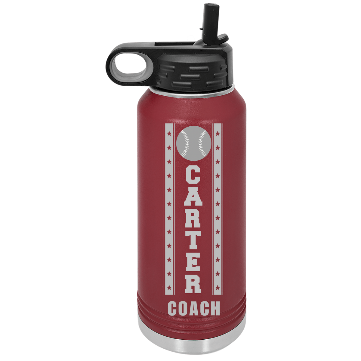 Maroon personalized baseball coach gift water bottle engraved with sample name CARTER and COACH, 32oz insulated stainless steel