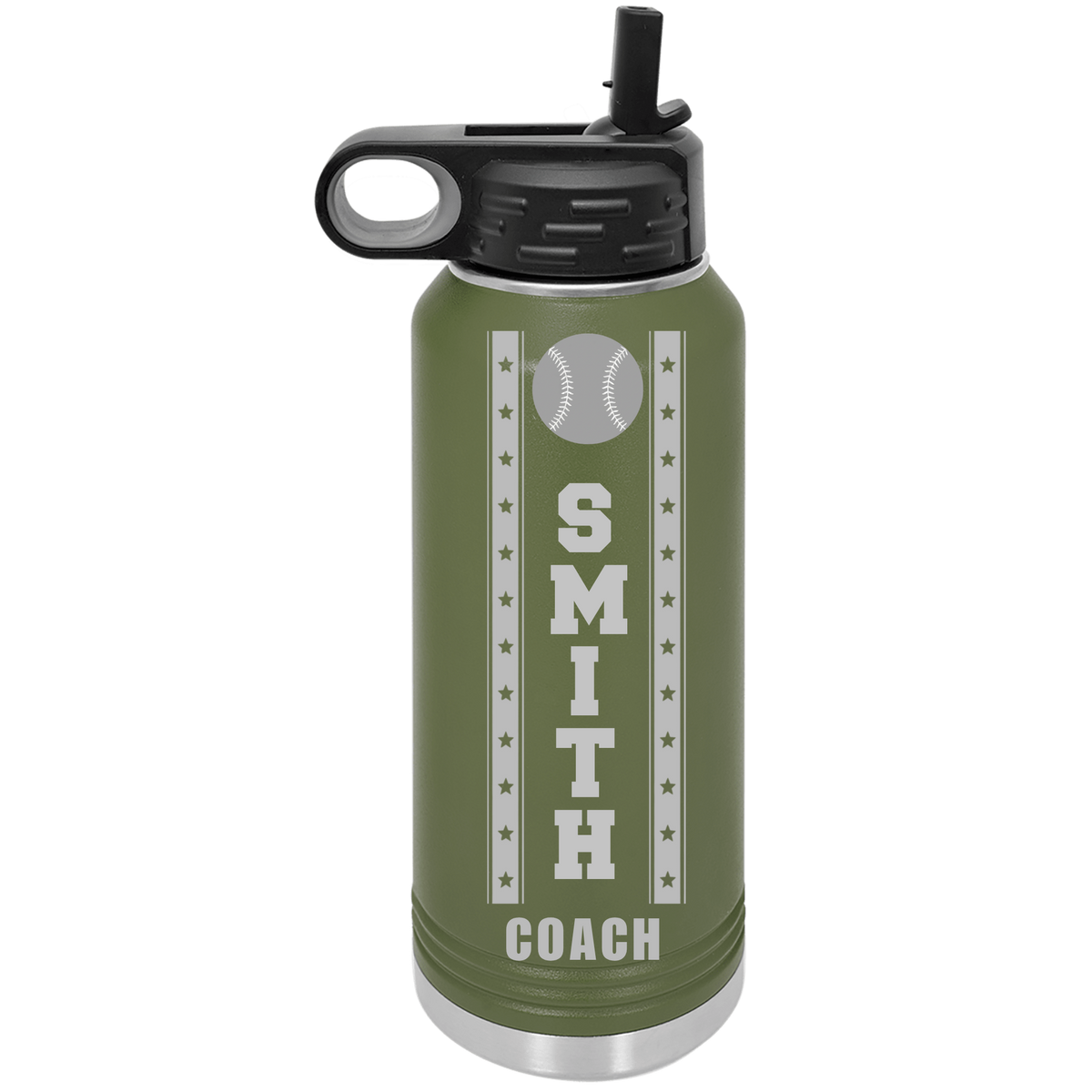 Olive green personalized baseball coach water bottle, custom engraved with sample name SMITH and COACH, 32oz double-wall insulated
