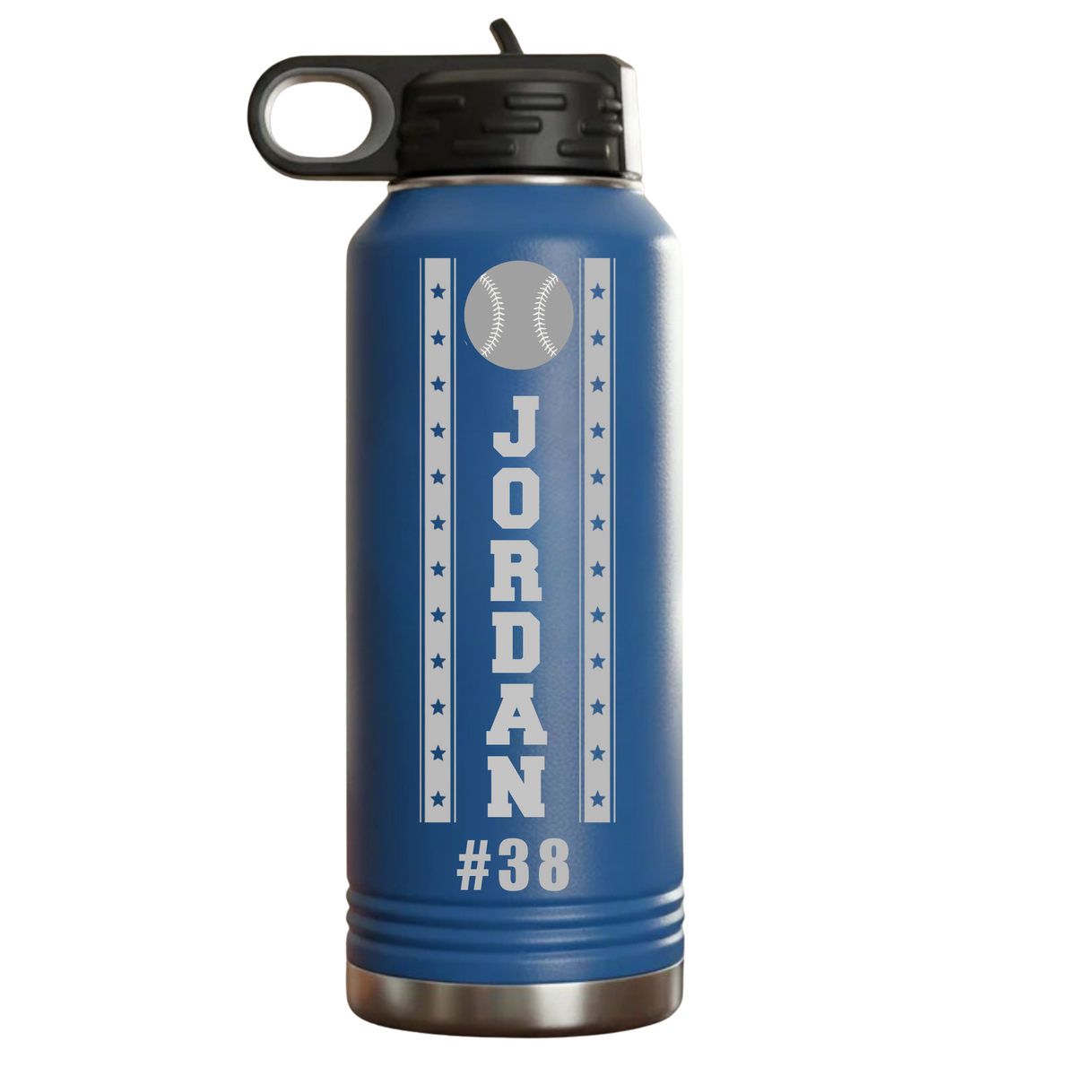 Royal blue personalized baseball water bottle, laser engraved with sample name JORDAN and number 38, a gift for a baseball player