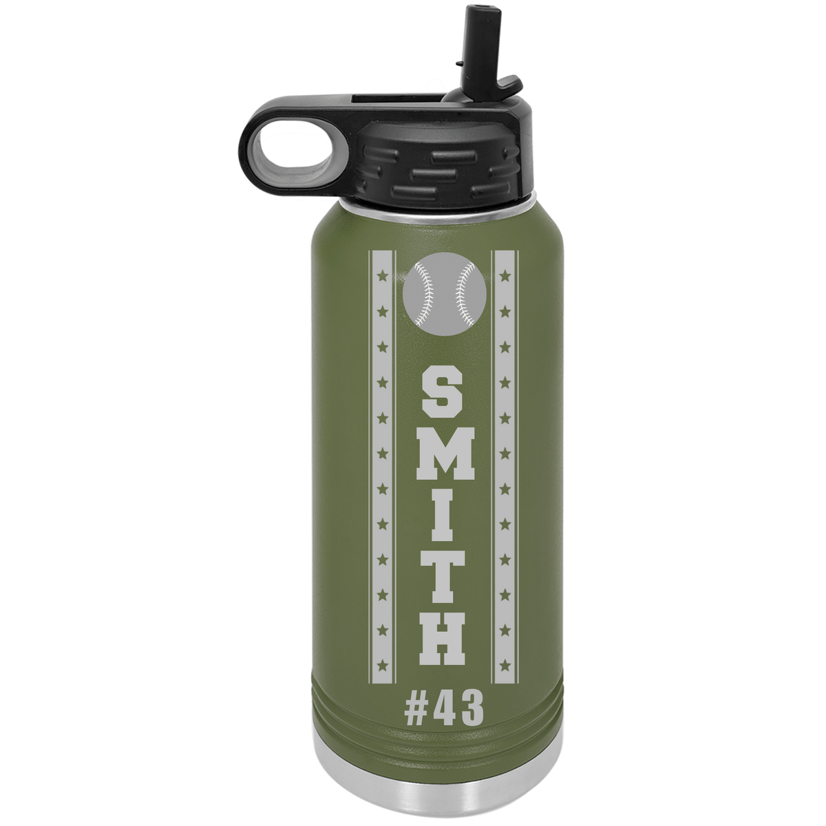 Personalized baseball player water bottle, custom engraved with a name and number, 32oz double-wall insulated stainless steel