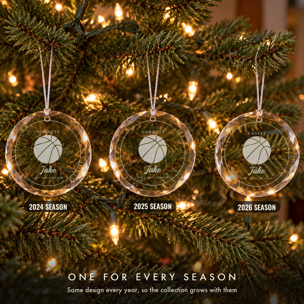 Three personalized basketball Christmas ornaments in a row on a tree, the same design every season, engraved Jake #10 for 2024, 2025 and 2026