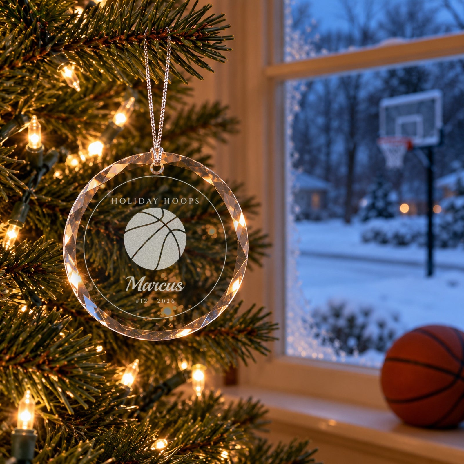 Basketball Christmas ornament engraved HOLIDAY HOOPS, Marcus, #12 · 2026 hanging by a window with a snow-covered driveway hoop and a basketball on the sill