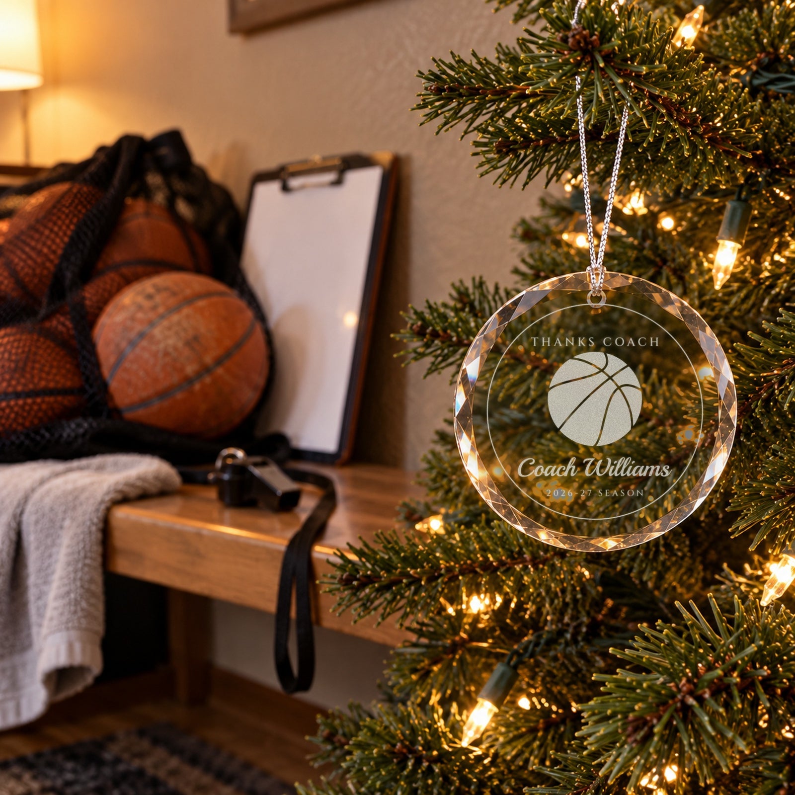 Basketball coach Christmas ornament engraved THANKS COACH, Coach Williams, 2026-27 SEASON on a tree beside a bag of basketballs and a clipboard
