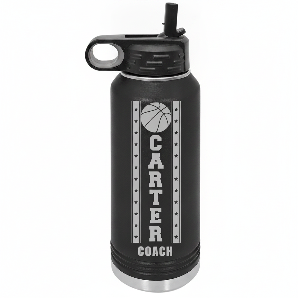 Personalized basketball coach water bottle in matte black, laser engraved with a basketball, the name Carter down the center, and Coach beneath in a star border.