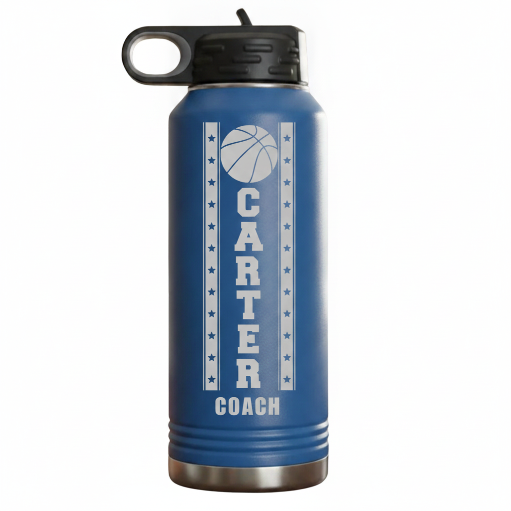 Royal blue personalized basketball coach water bottle engraved with a basketball emblem, coach name down the middle and Coach subtitle on 32oz insulated steel.