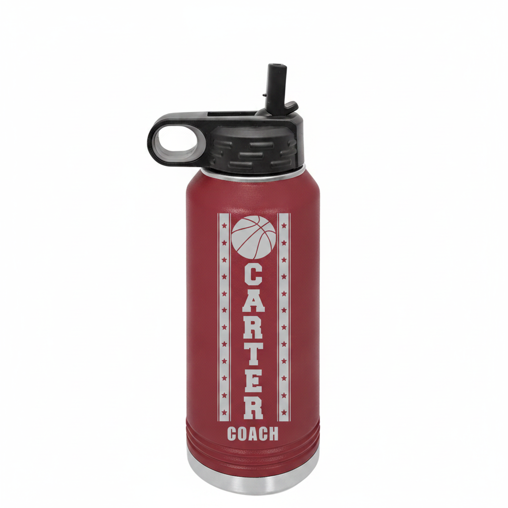 Maroon red basketball coach water bottle, laser engraved basketball with the coach's name and title, 32oz double-wall insulated stainless steel and BPA-free.