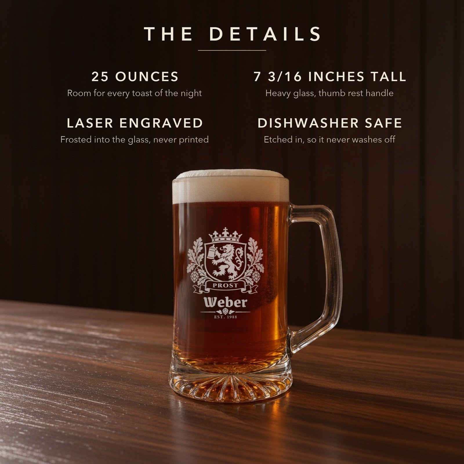 Details card for the Bavarian crest beer stein: 25 ounces, 7 3/16 inches tall, laser engraved and dishwasher safe, engraved Prost, Weber, Est. 1988