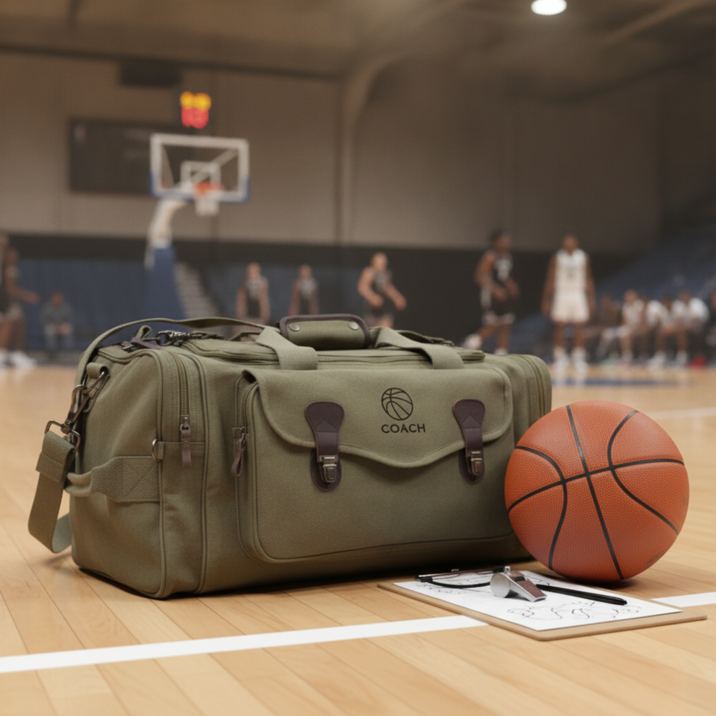 Basketball coach duffle bag on the court sideline beside a basketball and clipboard under gym lights, a personalized gift for a basketball coach.