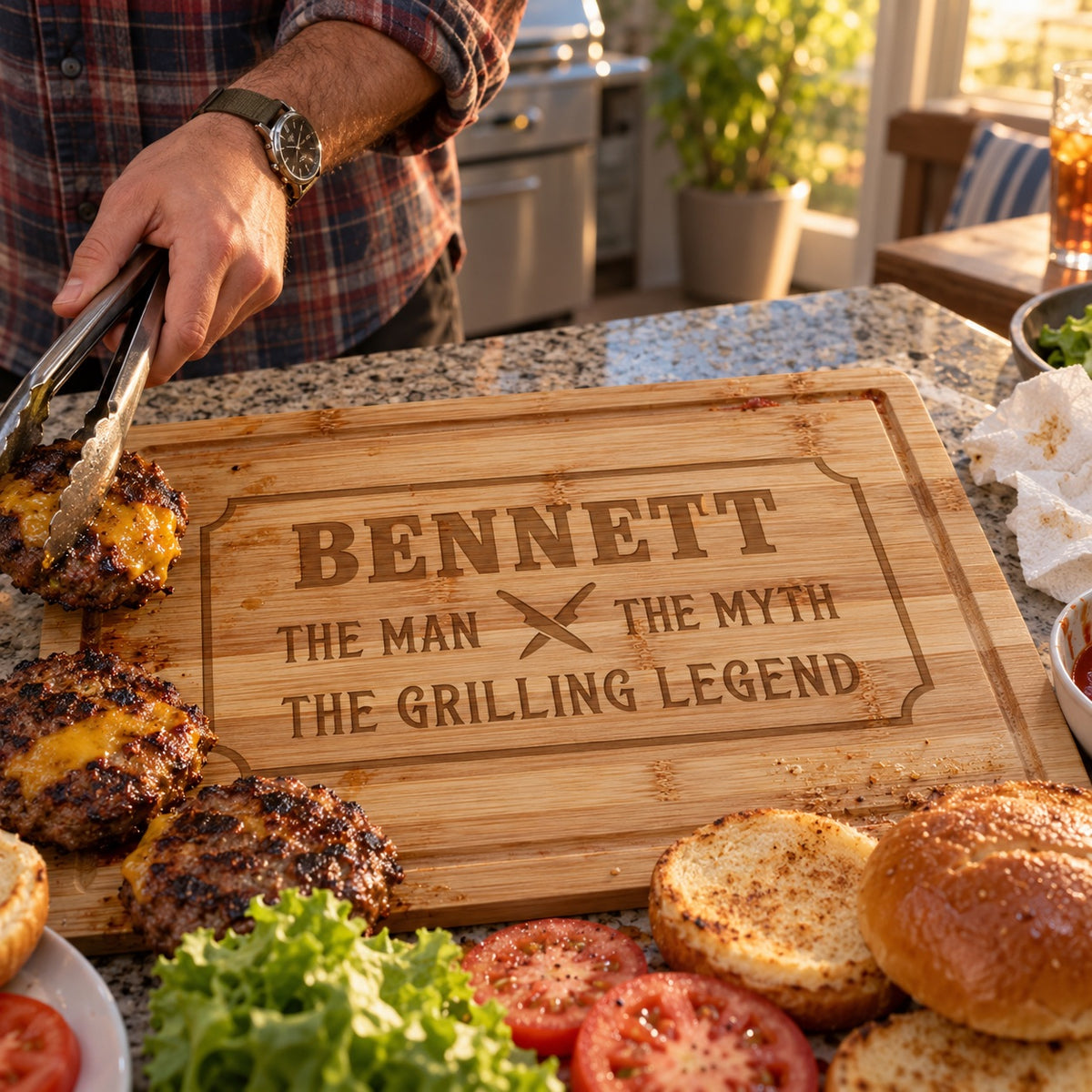 A man sets grilled cheeseburgers on a BBQ cutting board engraved BENNETT, THE GRILLING LEGEND, a personalized gift for the grill guy in his kitchen