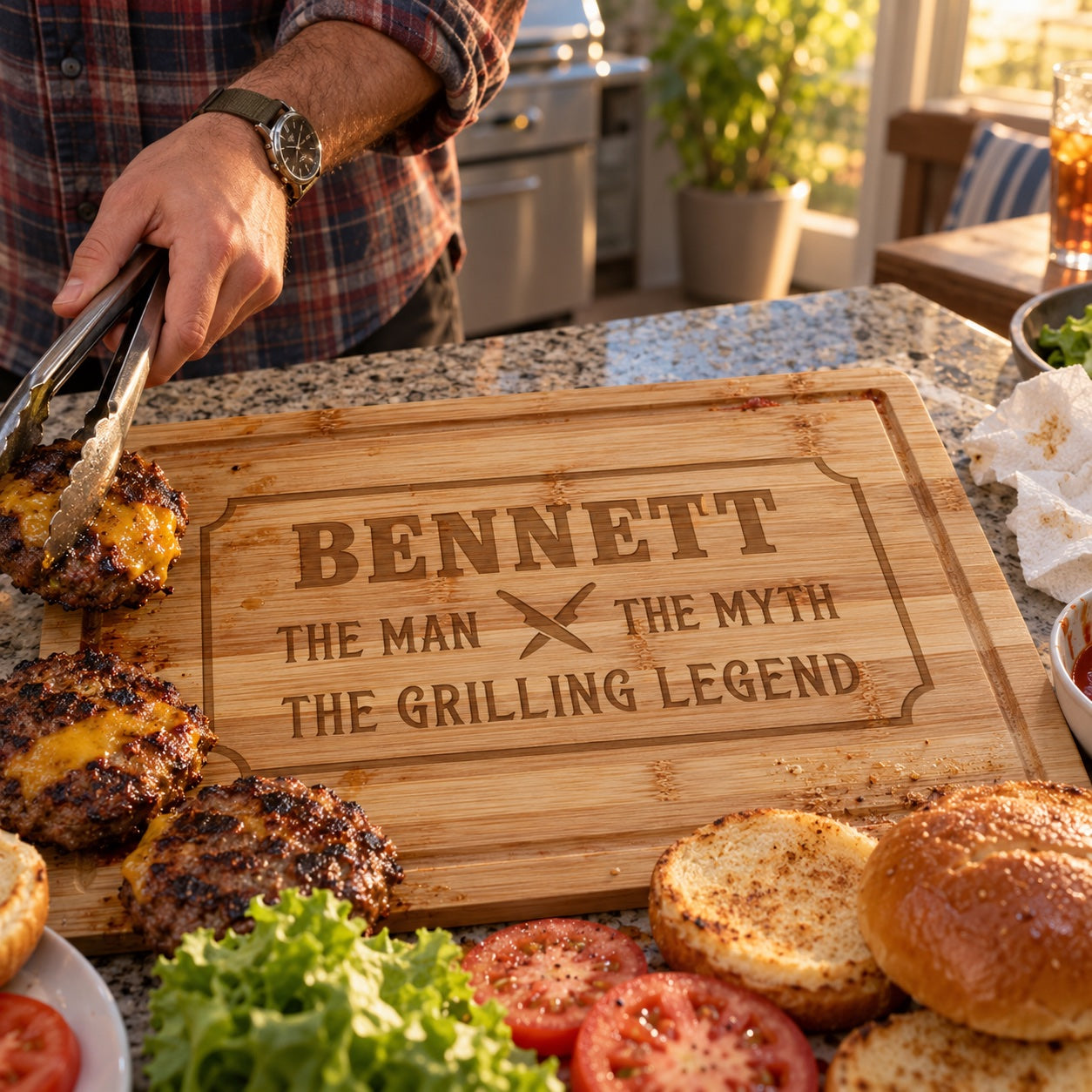 A man sets grilled cheeseburgers on a BBQ cutting board engraved BENNETT, THE GRILLING LEGEND, a personalized gift for the grill guy in his kitchen