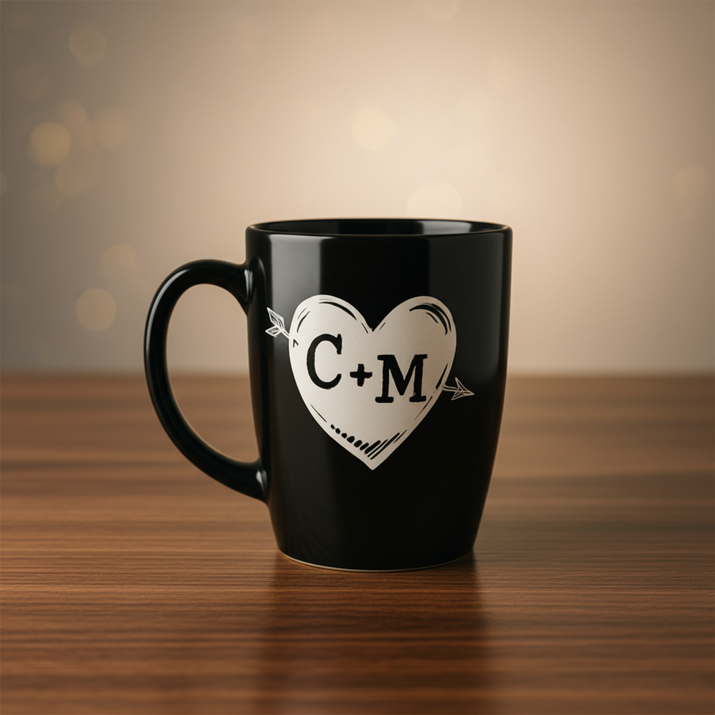 Black ceramic mug with sample personalization showing initials "C+M" engraved in heart design with arrow motif