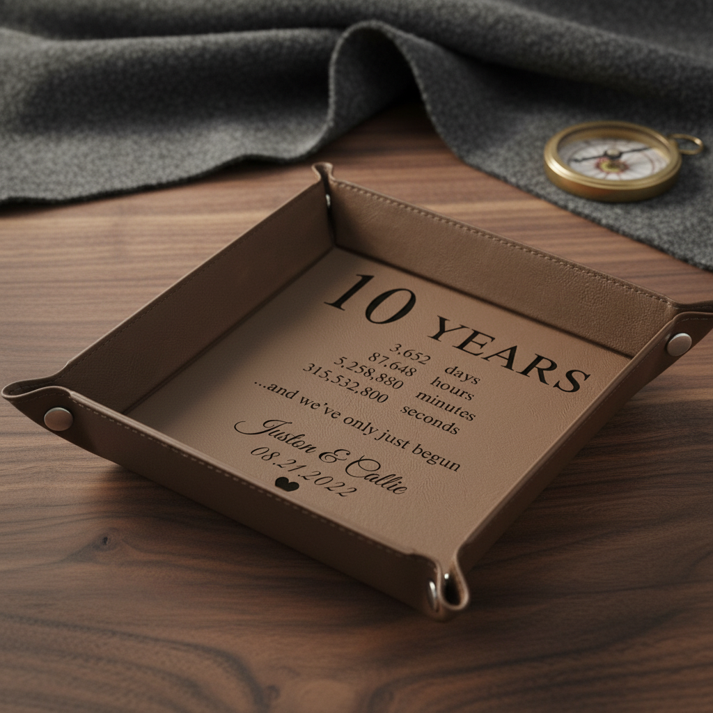 Tan leather valet tray engraved with sample anniversary design reading "10 YEARS" and time breakdown, personalized with sample names "Trish & Collie" and date "08.2.2022