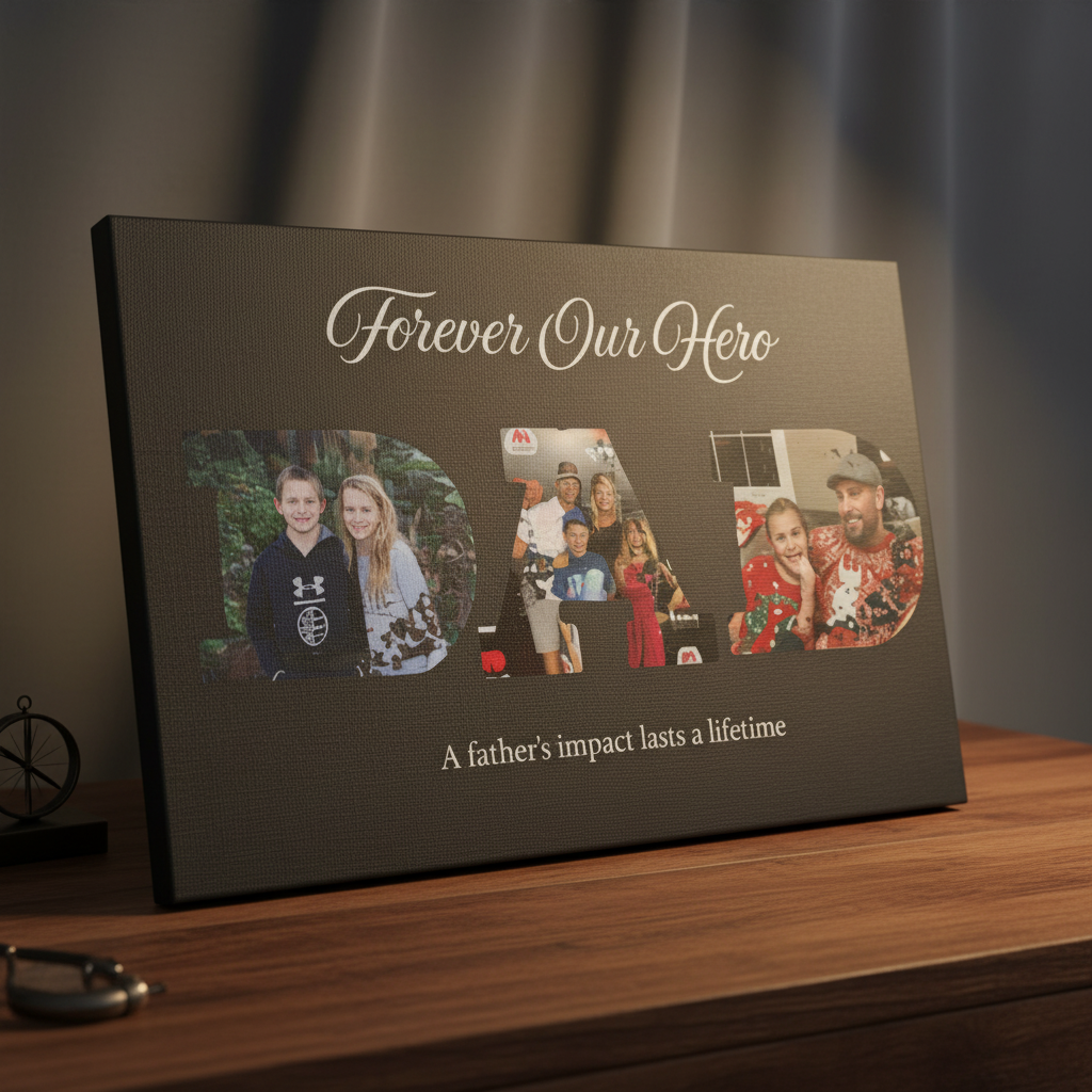 Personalized photo canvas with sample text "Forever Our Hero" and family photos integrated into large "DAD" lettering, displayed on wooden surface