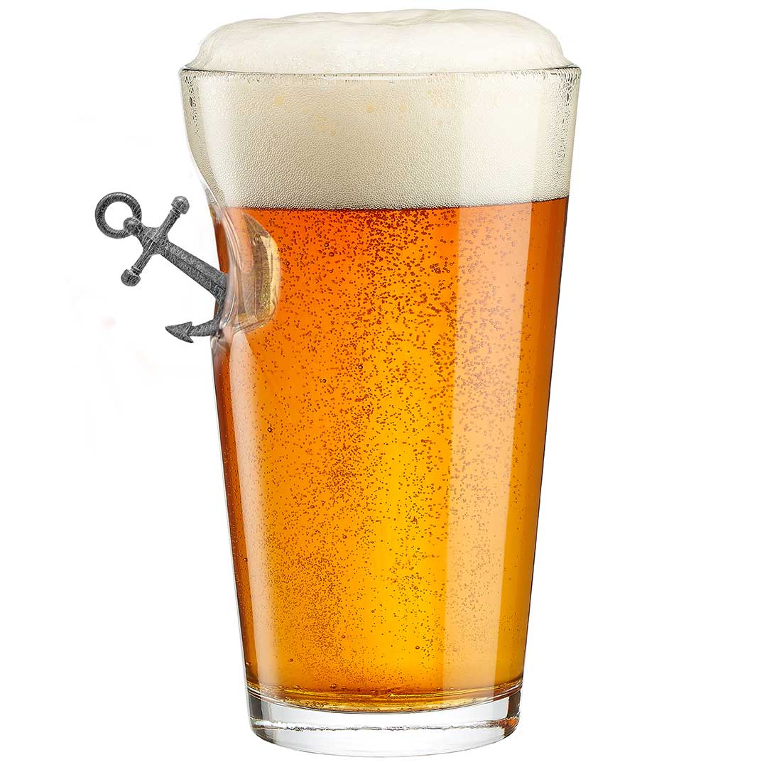 Navy-themed anchor pint glass with metal anchor embedded in the side