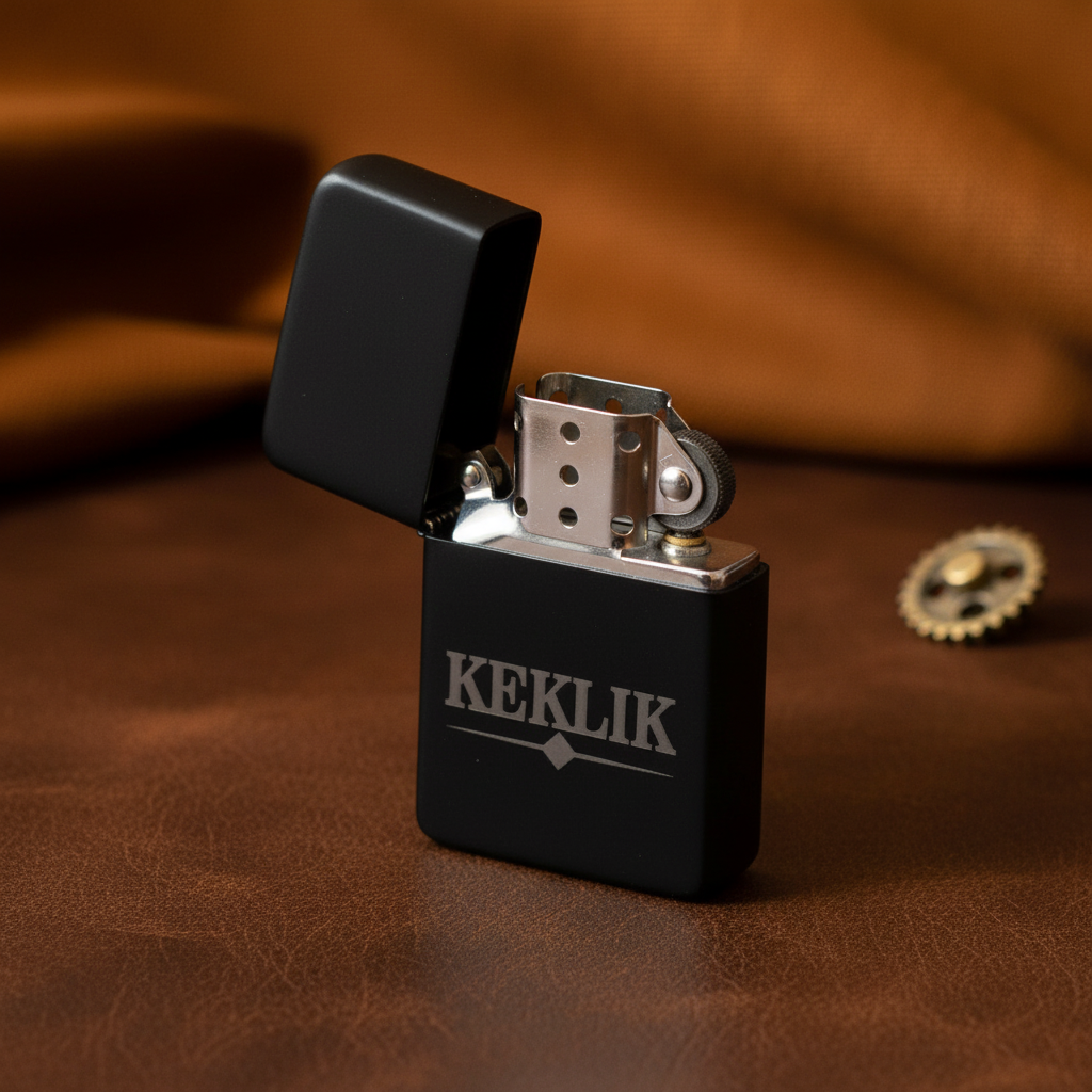 Black matte flip lighter with "KEKLIK" laser-engraved on front, lid open showing metal insert mechanism, displayed on brown leather surface