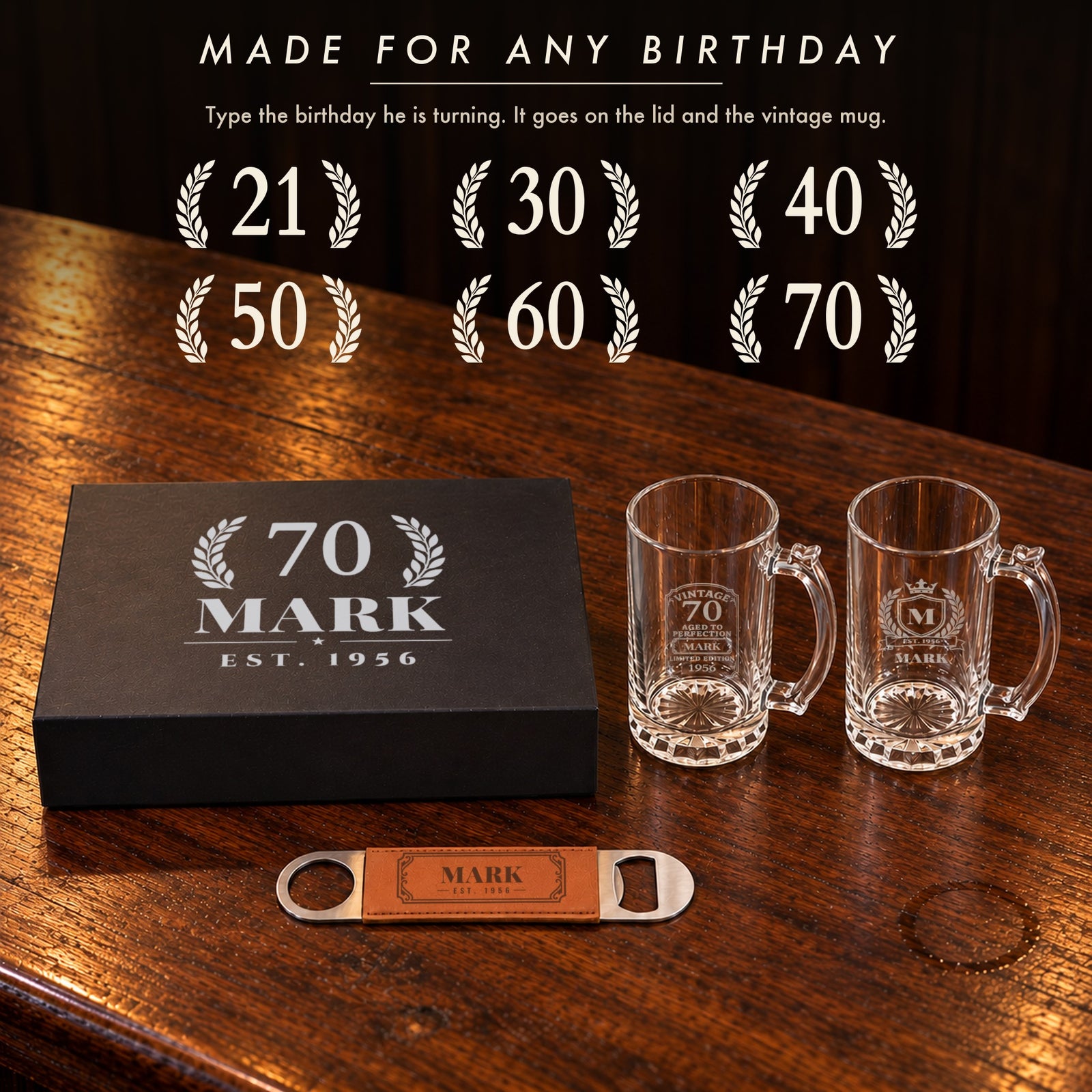 The birthday beer gift set works for any age: the box lid laurel shown with 21, 30, 40, 50, 60 and 70, here engraved 70 for Mark