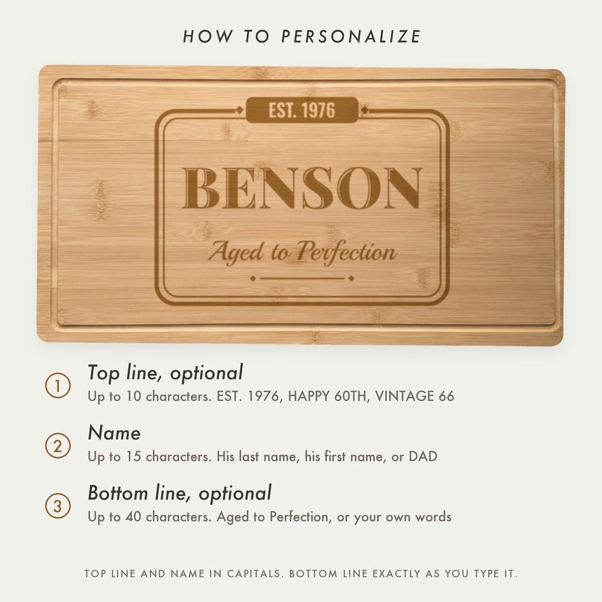 How to personalize the birthday cutting board: an optional top line up to 10 characters, a name up to 15 and an optional script bottom line up to 40