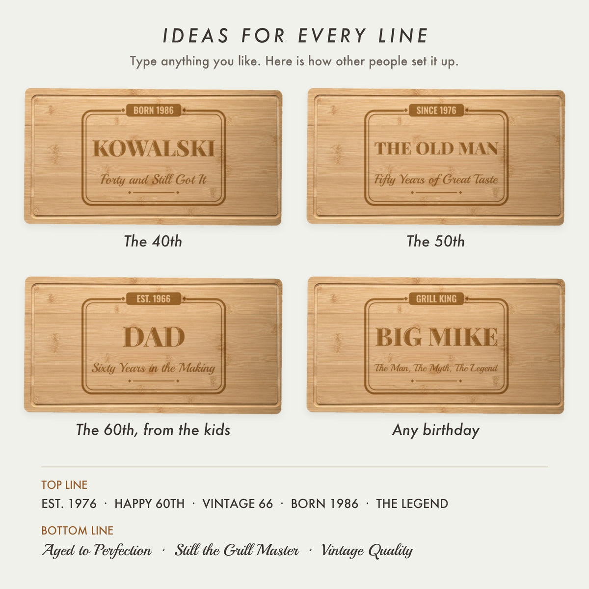 Four engraved birthday cutting board ideas for a 40th, 50th and 60th birthday, with names like Kowalski, Dad and Big Mike and lines like Aged to Perfection