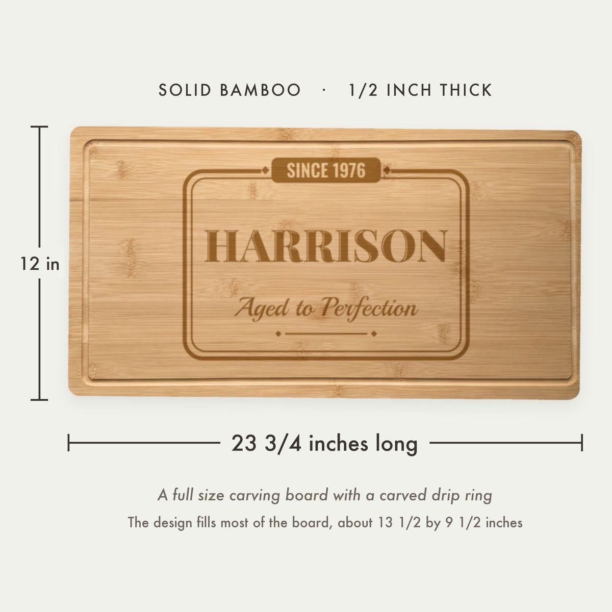 Size guide for the personalized birthday cutting board in solid bamboo, 23 3/4 inches long by 12 inches wide and half an inch thick, with a drip ring