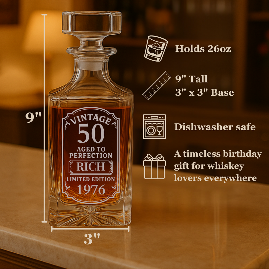 Engraved whiskey decanter with sample "Vintage 50 Aged to Perfection" label, 9 inches tall, 26oz capacity, shown with specification details and warm background lighting.