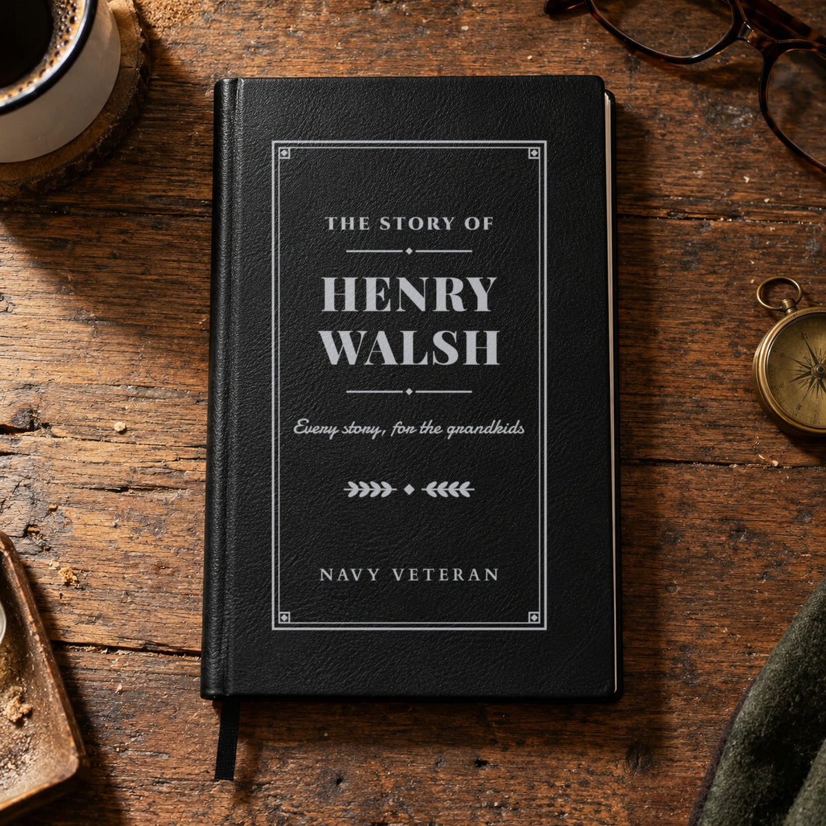 Black leatherette journal engraved in silver: The Story of Henry Walsh, Every story, for the grandkids, Navy veteran, a personalized gift for an older man
