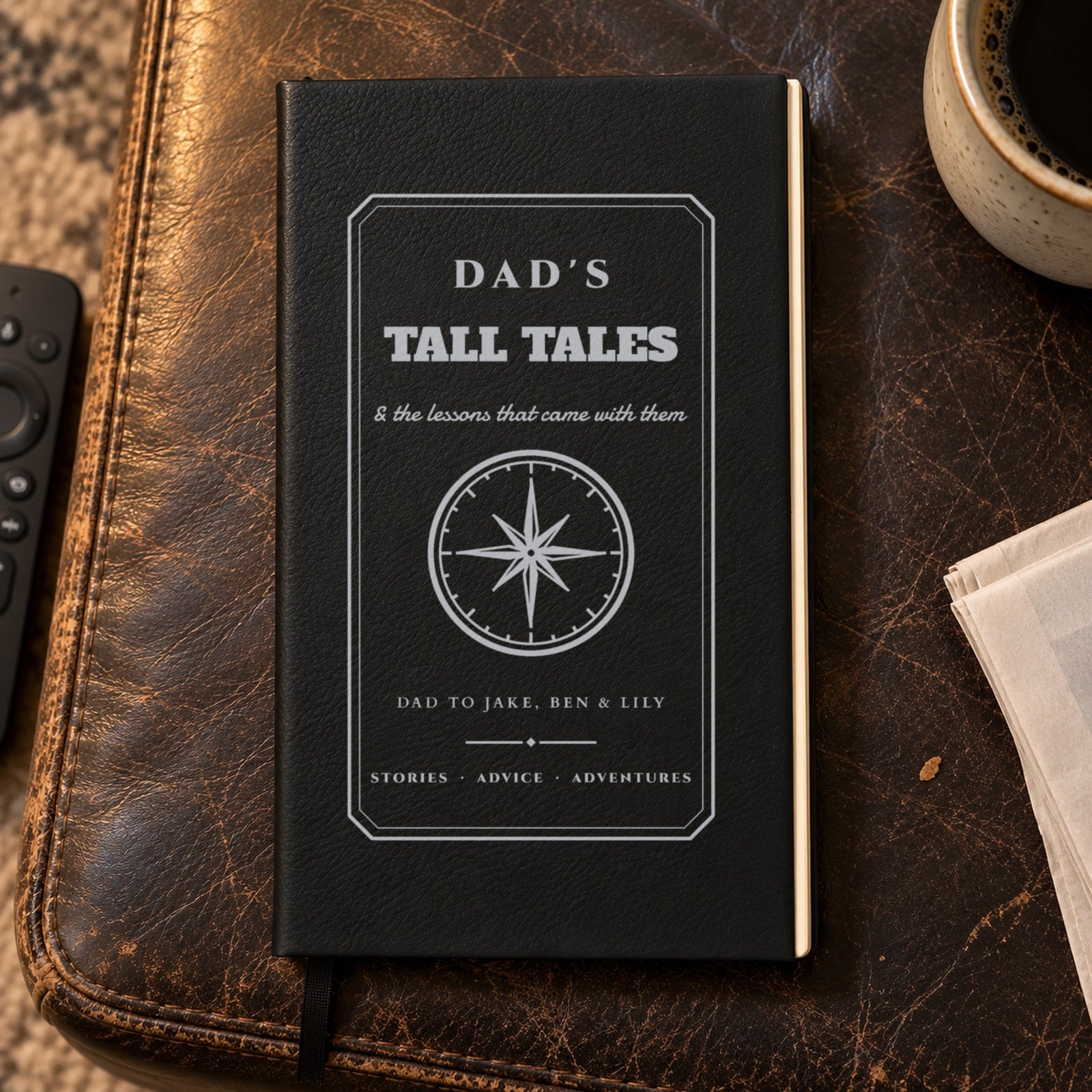 Black journal engraved in silver: Dad's Tall Tales, & the lessons that came with them, Dad to Jake, Ben & Lily, a personalized Christmas gift for dad