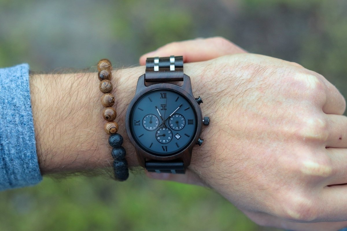 Unique Personalized Silver Fox | Black Sandalwood Chronograph Customized Wooden Watch Gifts for Men by Groovy Guy